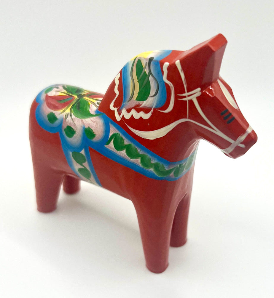 4" Red Dala Horse with Blue Saddle