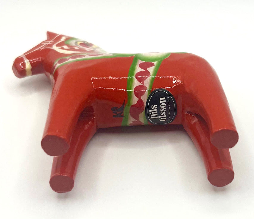 4" Red Dala Horse with Green Saddle