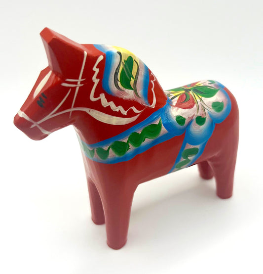 4" Red Dala Horse with Blue Saddle