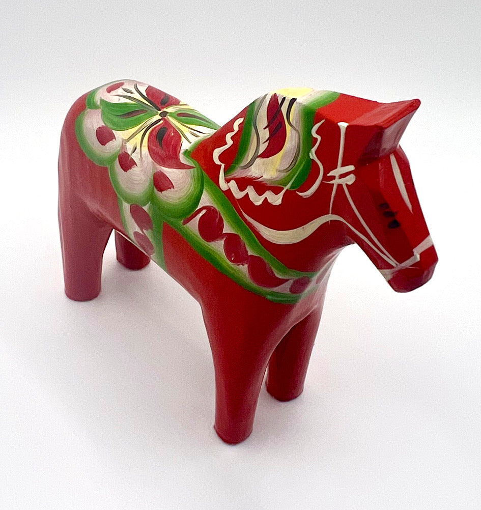 4" Red Dala Horse with Green Saddle