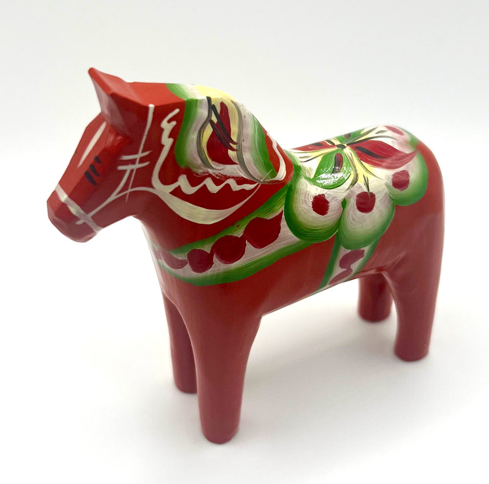 4" Red Dala Horse with Green Saddle